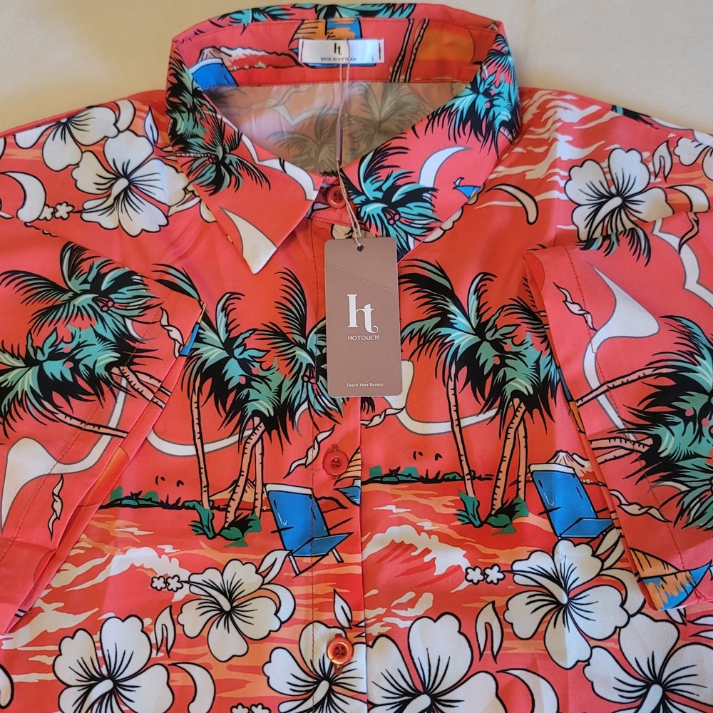 Hotouch‎ Hawaiian Shirt Mens L Orange Tropical Palm Tree Beach Button Up NWT